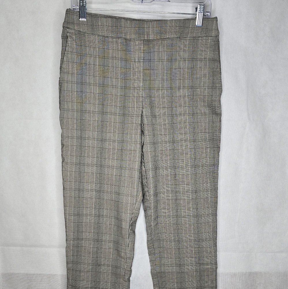 Hilary Radley Plaid Pull On Pants Gray Mid Rise Straight Leg Career Stretch M
